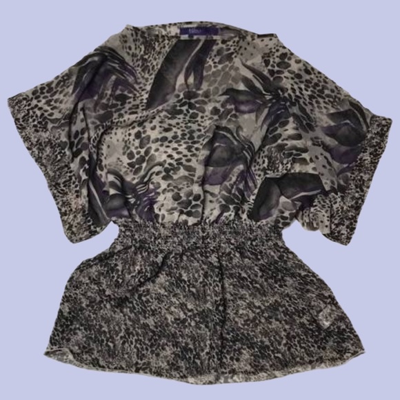 💐Miley Cyrus and Max Azria Animal Print Sheer Blouse S Womens Black Gray Purple - Picture 5 of 7